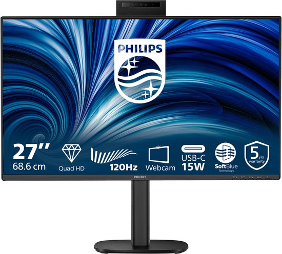 Zwarte Philips monitor, 27-inch, Quad HD, 120Hz, met webcam en USB-C 15W.