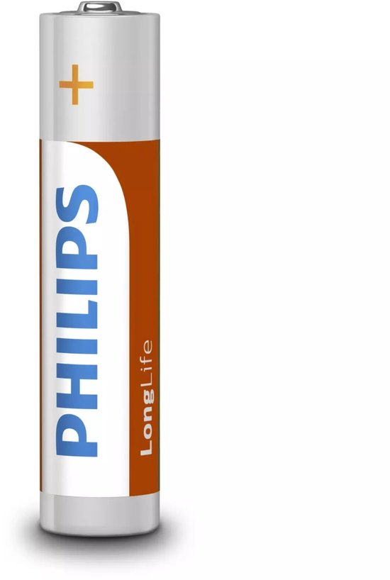 Een enkele Philips LongLife AAA batterij. Wit met een blauw en oranje label.
