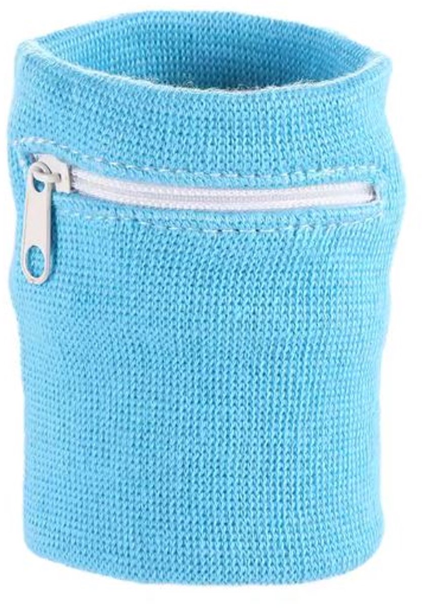 Zweetbandje met rits - Polsbandje met opbergvak - Sweatband - Sportbandje - Wristbands - Lichtblauw - 8x8 cm - Jonyx