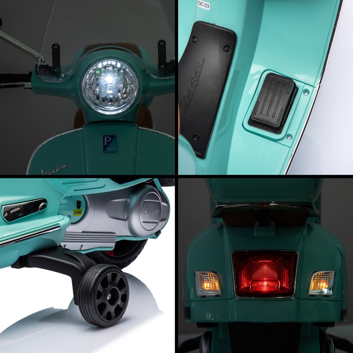 Vespa GT Full Option Elektrische Kinderscooter 3 tot 6 jaar – Officieel Gelicentieerde Kinder Vespa met Kofferbak & Verwijderbare Zijwieltjes – Li-ion Kindermotor met Kunstlederen Zitje, MP3 AUX & USB – Blauw — afbeelding 6
