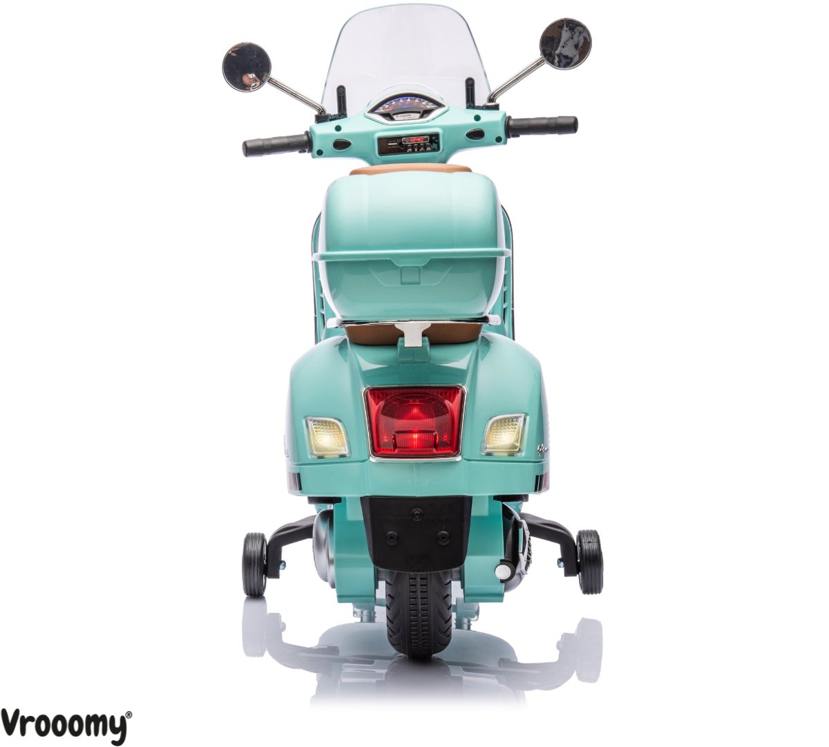Vespa GT Full Option Elektrische Kinderscooter 3 tot 6 jaar – Officieel Gelicentieerde Kinder Vespa met Kofferbak & Verwijderbare Zijwieltjes – Li-ion Kindermotor met Kunstlederen Zitje, MP3 AUX & USB – Blauw — afbeelding 7