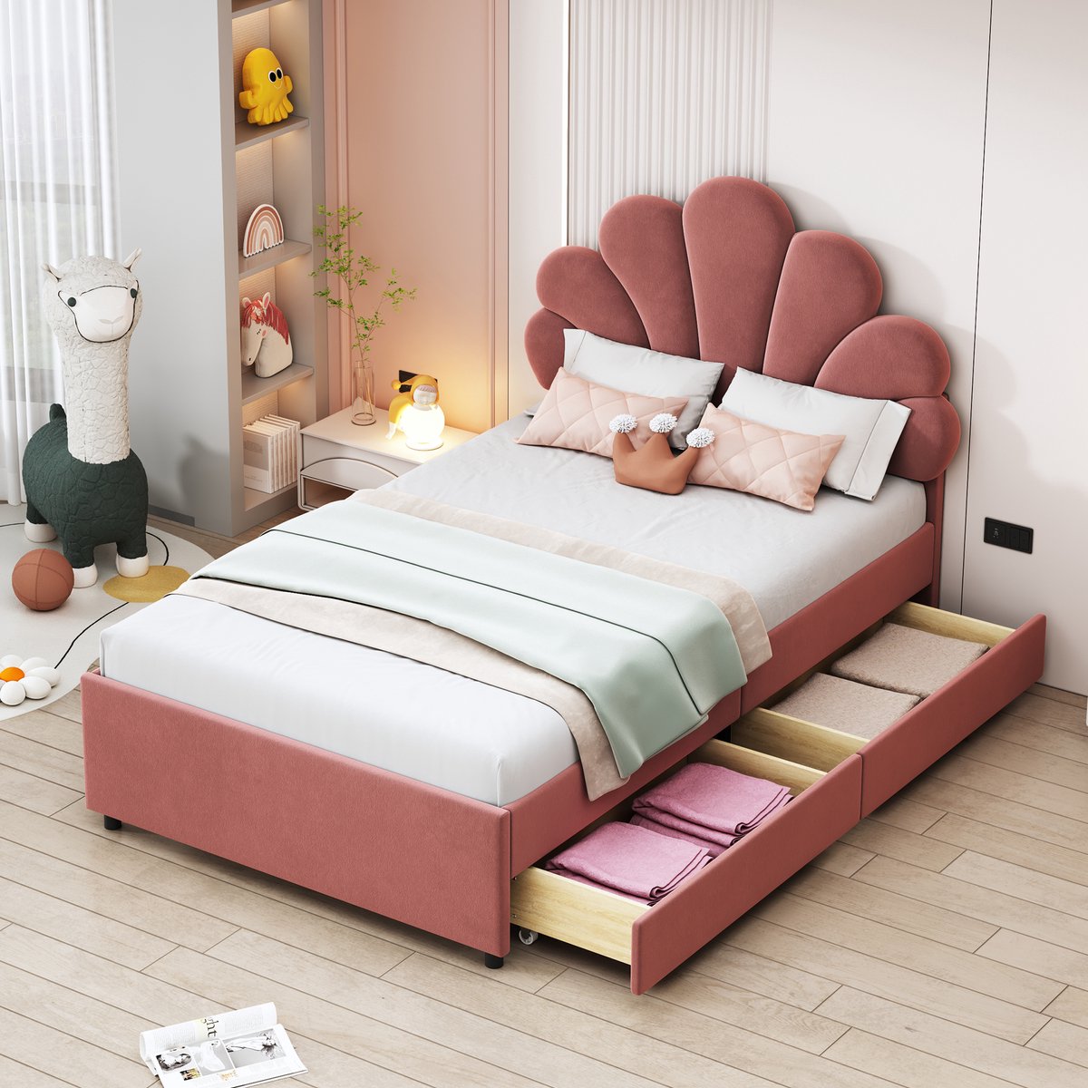 MIVRAY Gestoffeerd Kinderbed 90x200cm - Bed Met 2 Opberglades En Lattenbodem - Voor Kinderkamer Of Logeerkamer - Fluweel - Roze - Zonder matras Oudroze
