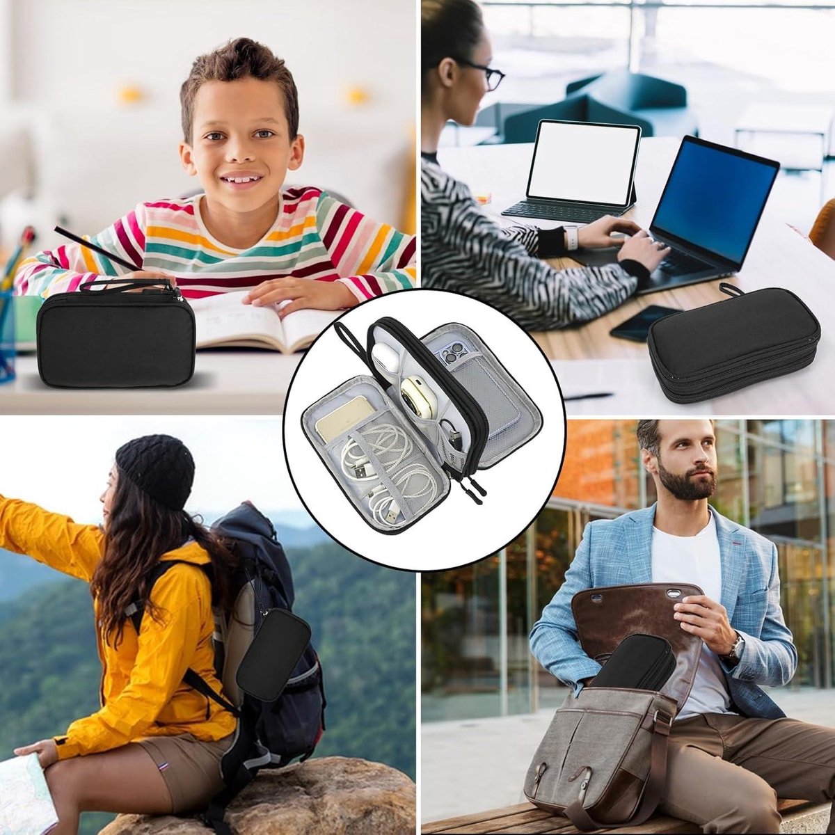 Waterdichte reisorganizer voor elektronische accessoires - opbergtas voor oplader, USB-stick en powerbank - lichtgewicht en draagbaar - thuis en op reis - zwart – foto 2
