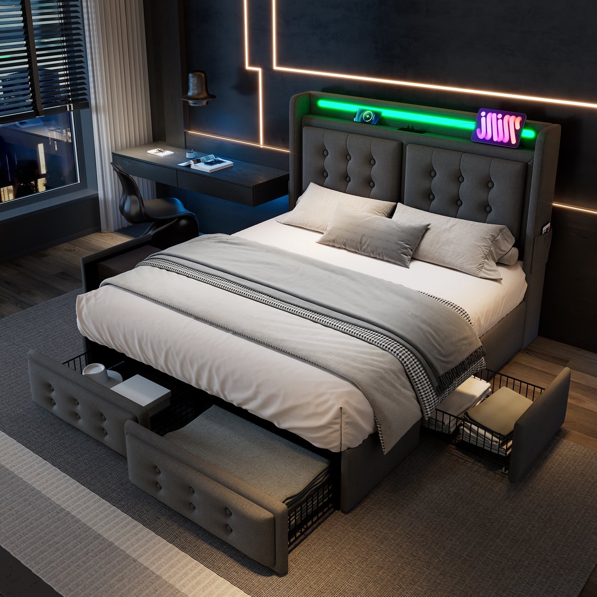 MIVRAY Gestoffeerd Bed 180x200cm - Zonder Matras Met LED Licht En USB C Laadfunctie - Met 4 Opberglades En Zijvakken - Hout Metaal - Grijs