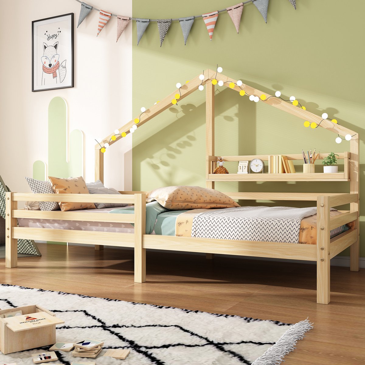 REDOM Kinderbed 90x200 cm – Houten Kinderbed met Veiligheidshek en Opbergruimte – Naturel Natuurlijk