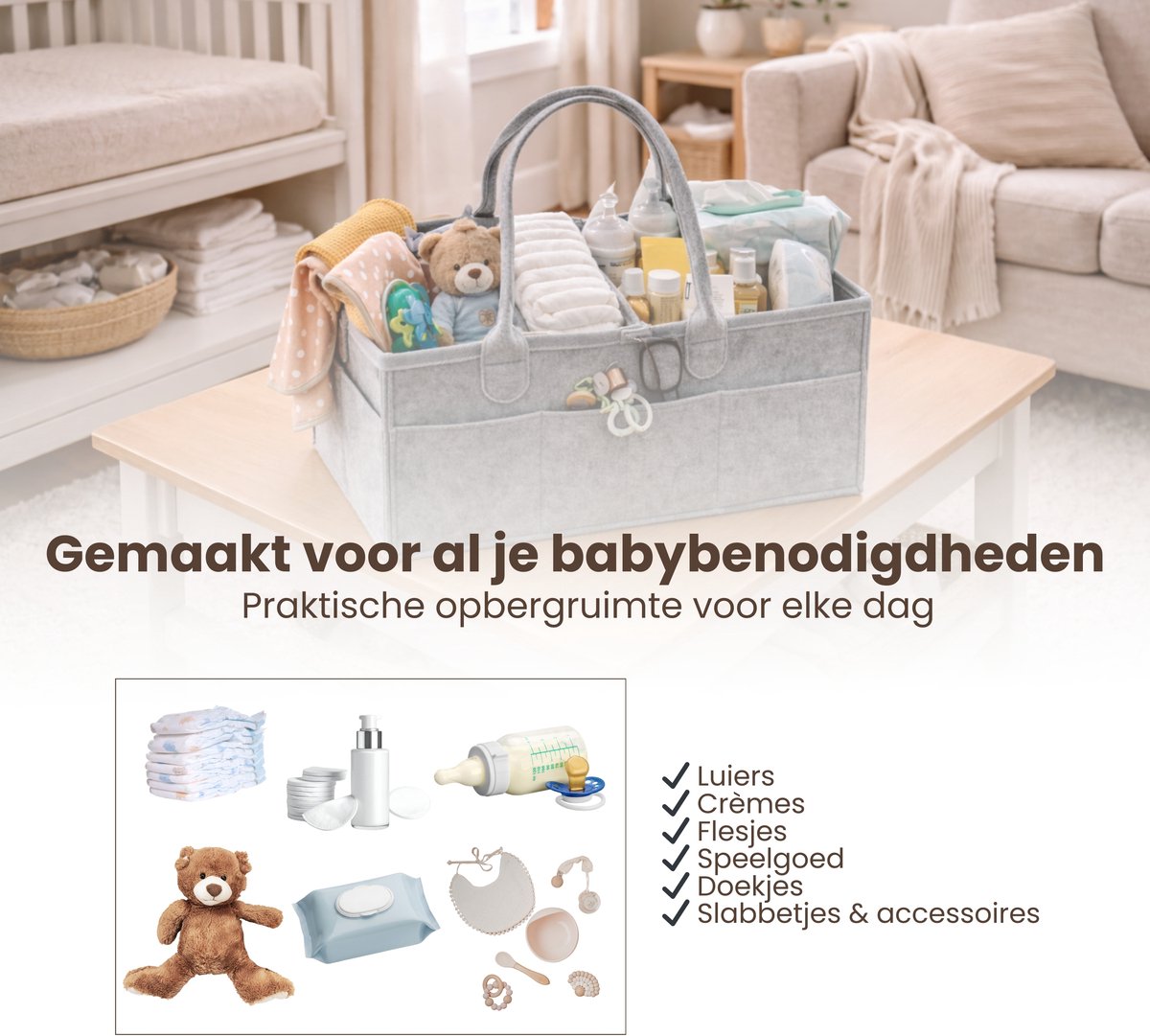 Luiertas Vilt - Grijs - Vilt - 32 x 22 x 19 cm - Luier Organizer - Draagbare Organiser met Handige Vakken - Verzorgingstas – foto 3