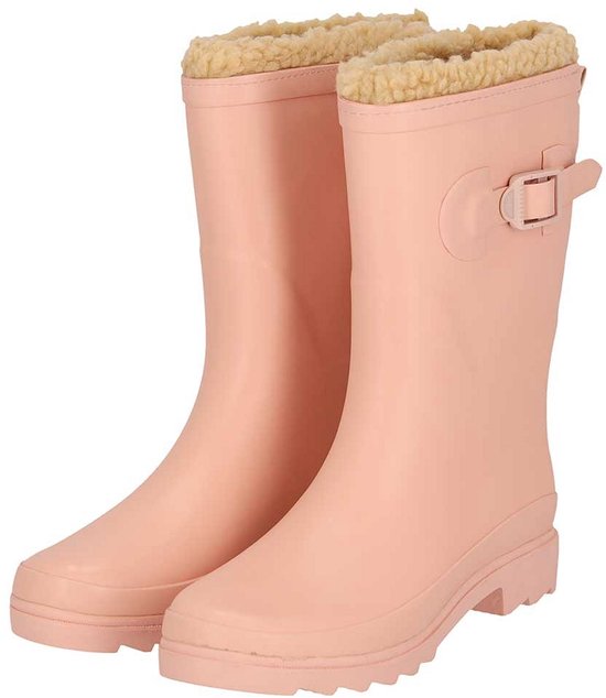 Roze regenlaarzen met gesp en zachte imitatiebontvoering.