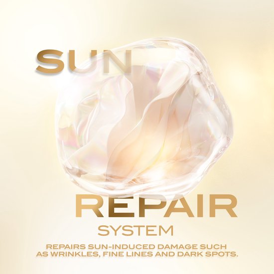 Gouden tekst "SUN REPAIR SYSTEM" over een glimmende, abstracte vloeibare vorm in een bubbel.