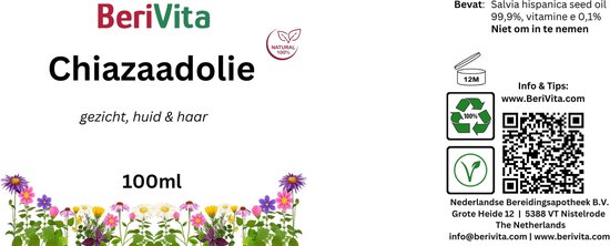 Label voor "Chiazaadolie" 100ml, met bloemen, ingrediënten en website.