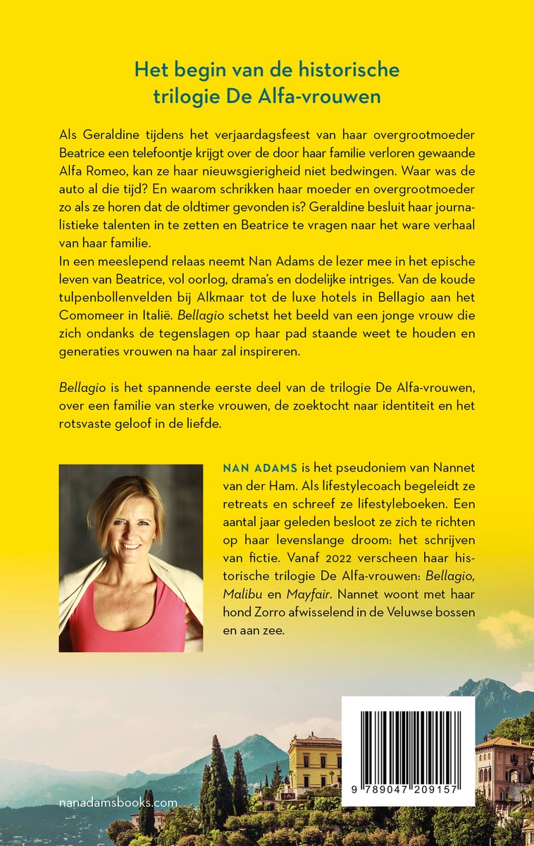 Een boekcover met een foto van een blonde vrouw met een roze jasje en een witte top. De titel luidt "Het begin van de historische trilogie De Alfa-vrouwen".