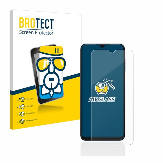 Emballage d'un protecteur d'écran montrant une figure animée, le texte 'AIRGLASS' et des spécifications comme 'Extra-Hard'.
