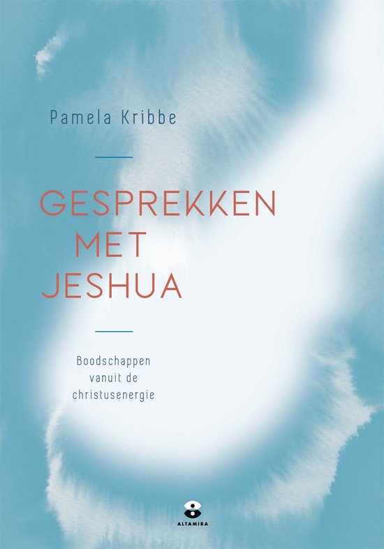Boek "Gesprekken met Jeshua", met abstracte blauwe en witte aquarel achtergrond.