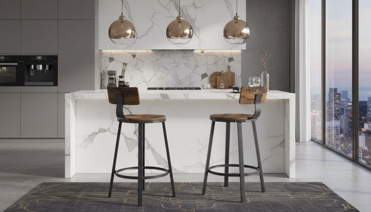 Barkrukken Set van 4 – House&Garden Industrial Vintage Barstoelen 63 cm Zithoogte – Metaal & Vintage Bruin – Met Rugleuning en Voetensteun – Keukenstoel voor Kookeiland, Bar & Eetkamer – Zwart Frame