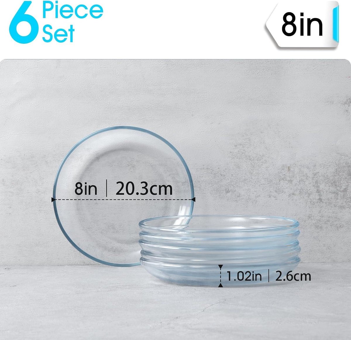 Set van 6 geharde glazen borden - 20,3 cm - voor voorgerechten en serveerservies - vaatwasser- en magnetronbestendig.