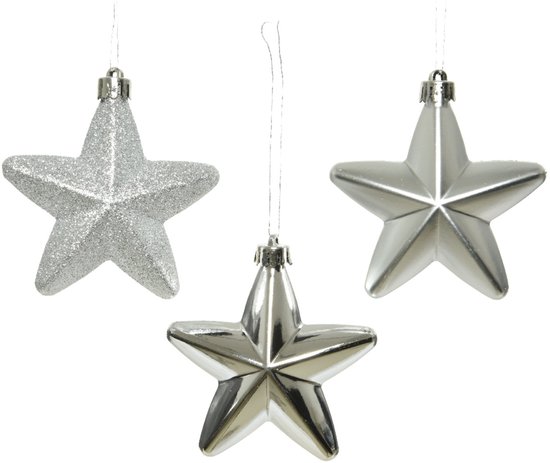 KAEMING B.V. - 6 zilveren kerstboomhangers sterren 7,5 cm glanzend en mat
