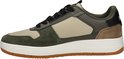 Rechter PME Legend sneaker in beige, groen en bruin suède met witte zool en oranje loopzool.
