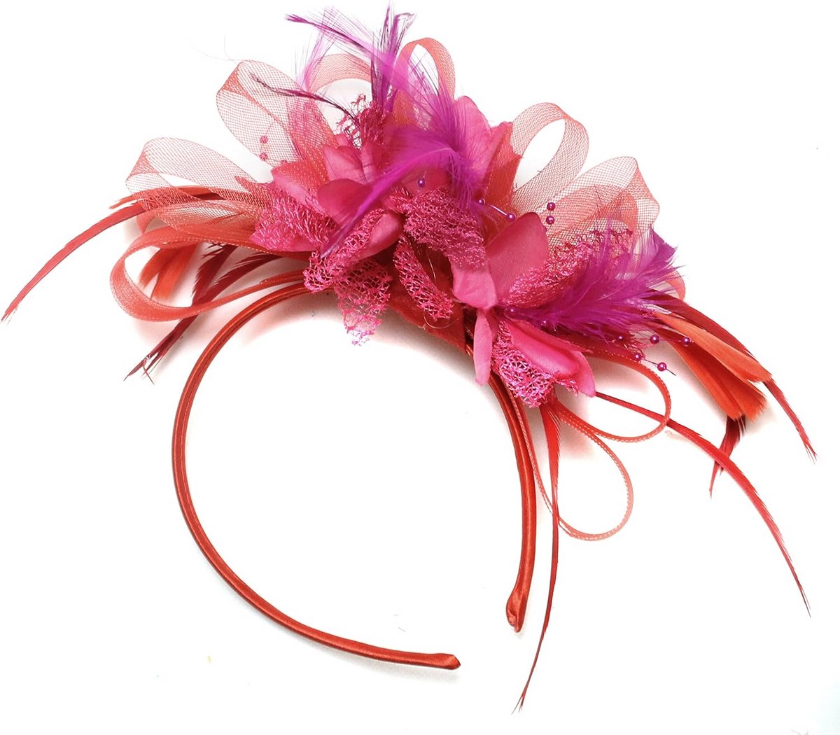 Fascinator Hoofdband Rood Fuchsia Roze met Veer voor Bruiloft en Feest