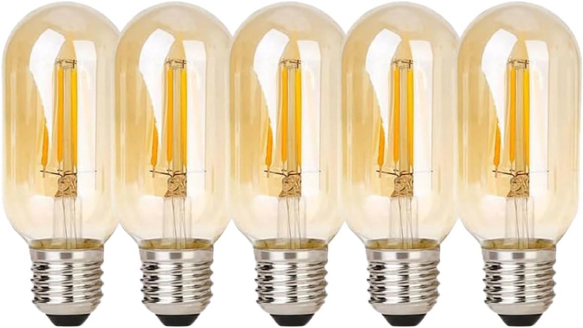 Set van 5 LED Filamentlampen E27 T45 6W Warm Wit 2700K Amber Glas