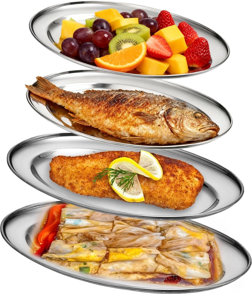 Ovale Serveerschalen Set van 4 - RVS Schalen voor Feest, Kaas, Vlees en Catering