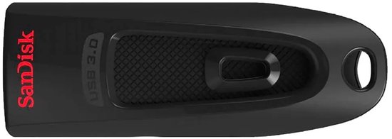 Zwarte SanDisk Ultra USB 3.0 stick met een gestructureerd gripvlak en een lus om hem ergens aan te bevestigen.