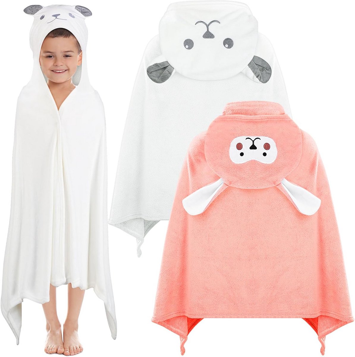 Kinder badhanddoek met capuchon 60x150cm - 2 stuks - schattige dierenmotieven