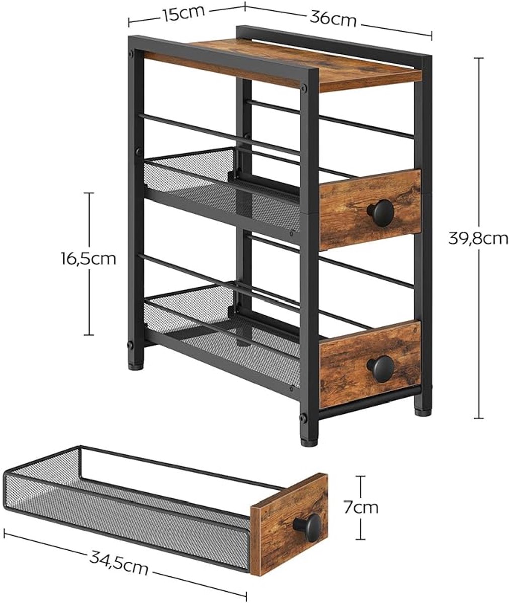 Kruidenrek met Uittrekbare Lades – 3-Niveaus Keuken Organizer – Voor Kruiden, Siroop & Koffiecapsules – Vintage Bruin/Zwart