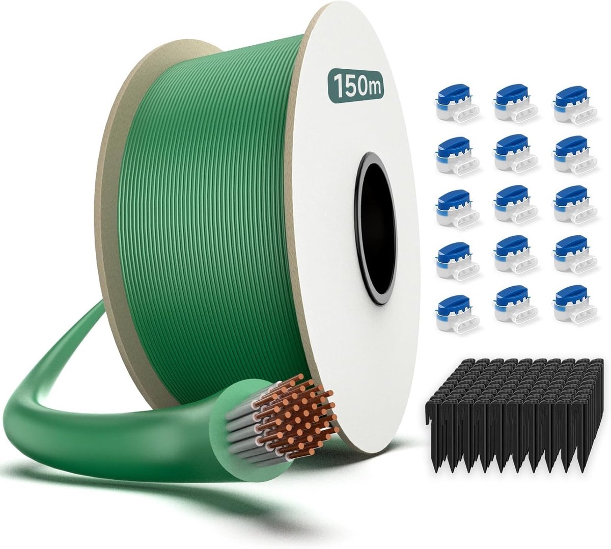 150 m begrenzingskabel, robotmaaierset met 450 haken en 15 connectoren, Ø 2,7 mm begrenzingsdraad, universeel voor Gardena, Husqvarna, Worx, gazonrobot, inductiekabel, complete set