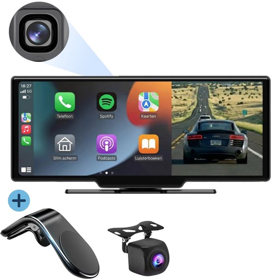 CarPlay Scherm 10.26 Inch Draadloos Apple CarPlay Android Auto Dashcam 170° HD Achteruitrijcamera 140° Plug & Play