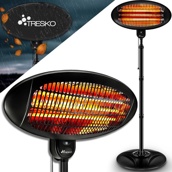 Tresko Warmtestraler, staand, infrarood, 2.000 W, elektrisch met 3 warmtestanden, terrasstraler, voor binnen en buiten, infraroodstraler met led-display