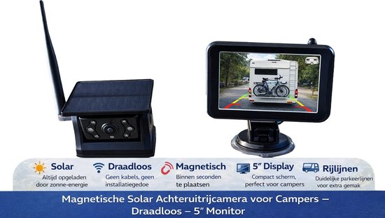 Draadloze Magnetische Achteruitrijcamera met 5 Inch Display - Solar - Nachtzicht - Voor Camper, Caravan, Paardentrailer, Racetrailer en Aanhanger van Merkloos — afbeelding 4