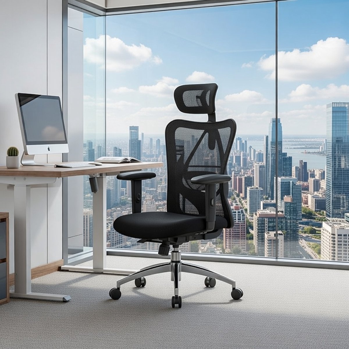 Ergonomische Bureaustoel Deluxe - Verstelbare Lendensteun, Hoofdsteun & Armleuningen - Kantelbare Bureaustoel Tot 150 kg - Comfortabele PU Zitting - Zwart / Lichtblauw / Lichtgroen / Lichtroze Casa...