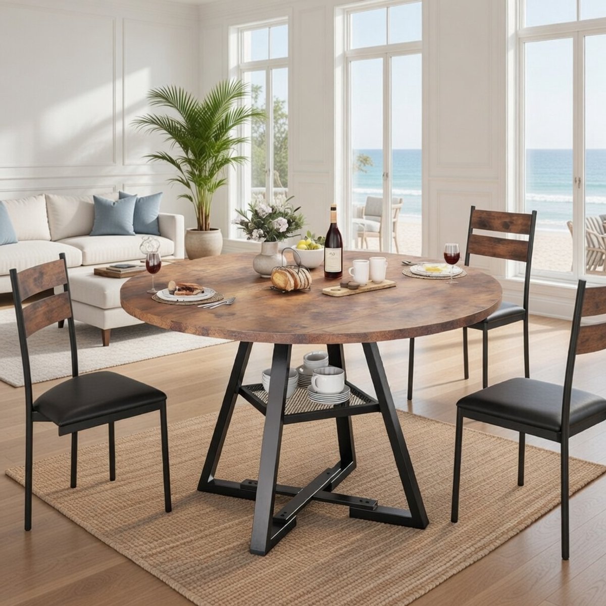 Ronde Industriële Eettafel met Opbergplank 120 cm – Vintage Bruin Houtlook | 4 personen | Ruimtesparend Ontwerp Casa Serena – 120 cm – Casa Dorada