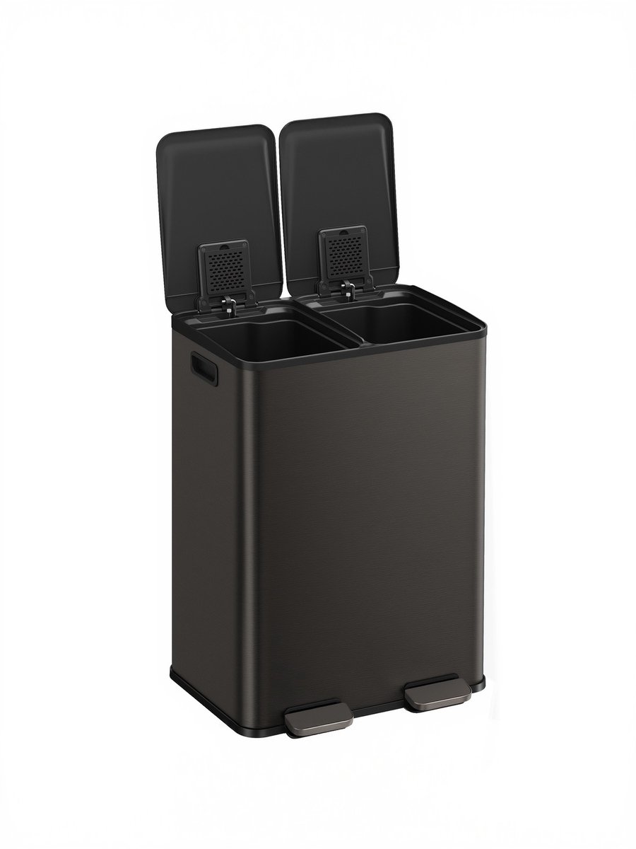 Keukenafvalbak – 2 compartimenten – Soft-close deksel – Staal – Leigrijs – 2 x 30 liter – 47,6 x 37,7 x 66,9 cm
