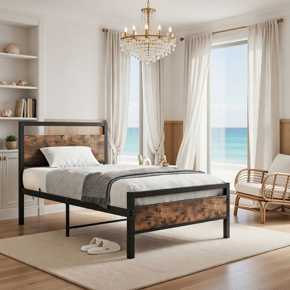 Elegant Eenpersoonsbed 90x200 cm - Metaal en Hout - Lattenbodem Inclusief - Landelijk Rustieke Stijl - Robuust, Piepbestendig en Duurzaam - Bruin/Zwart Casa Serena