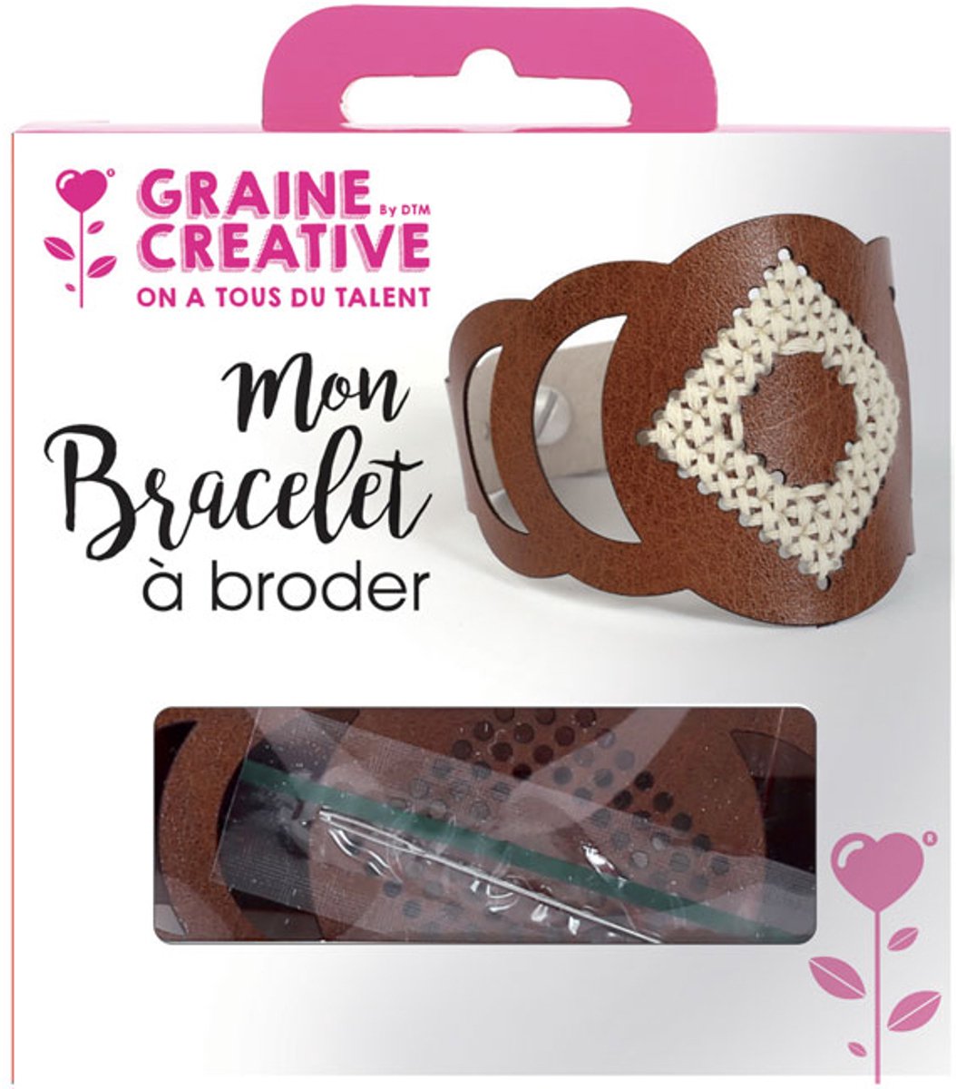 GRAINES CREATIVES - DIY Borduurarmband Kit Bruin Leerlook Rond Motief Volwassen Manchet