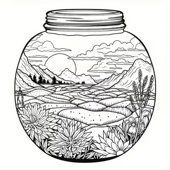 Een schets van een pot met een landschap van heuvels, bergen, bomen en bloemen bij zonsondergang.
