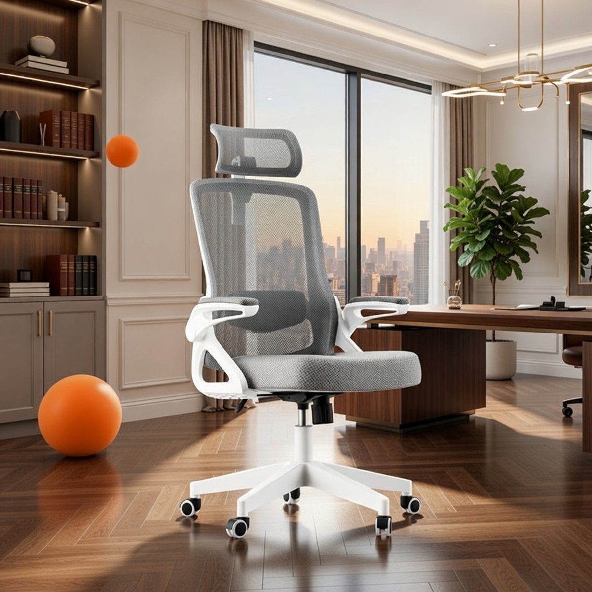 Ergonomische S-vormige bureaustoel met verstelbare armleuningen, luxueus comfort en design geïnspireerd op een gamingstoel – Wit/Grijs Casa Serena