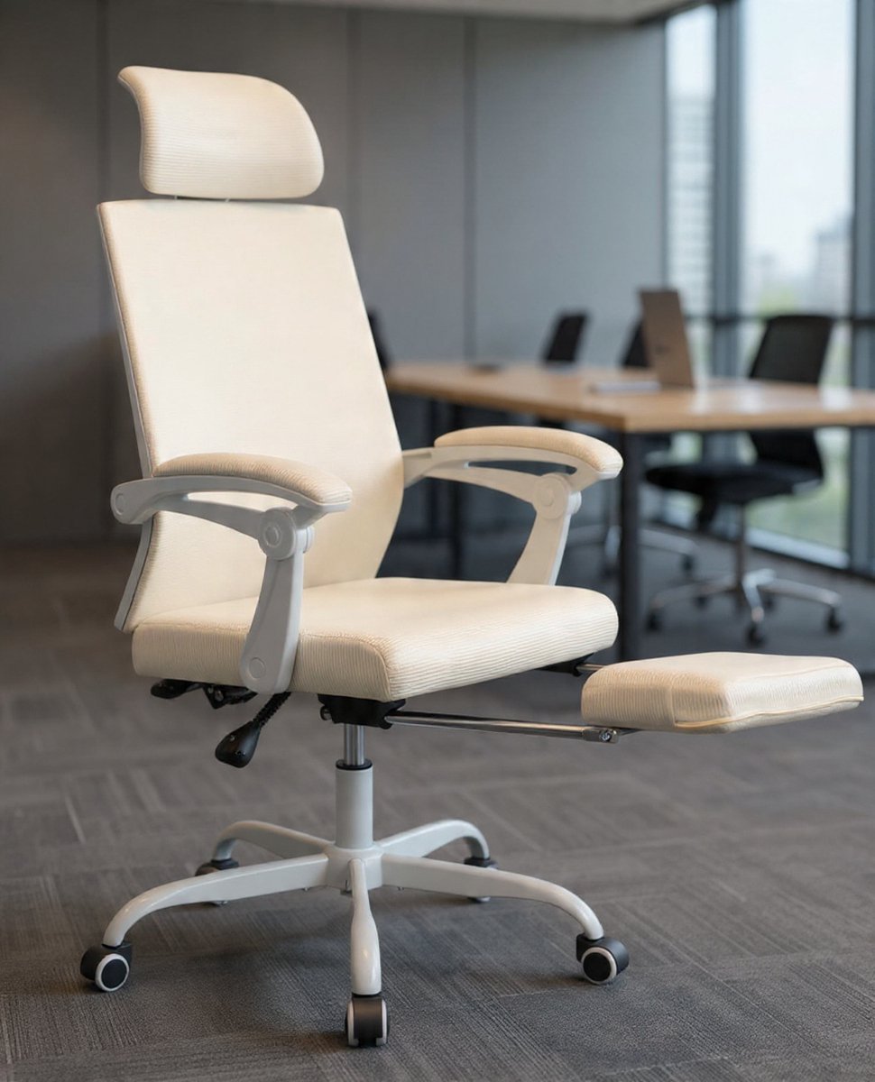 Ergonomische bureaustoel met mesh bekleding, draaibare bureaustoel met verstelbare hoofdsteun en lendensteun, in hoogte verstelbaar en kantelbaar tot 135°, ademende stof, beige - Casa Serena – Afme...