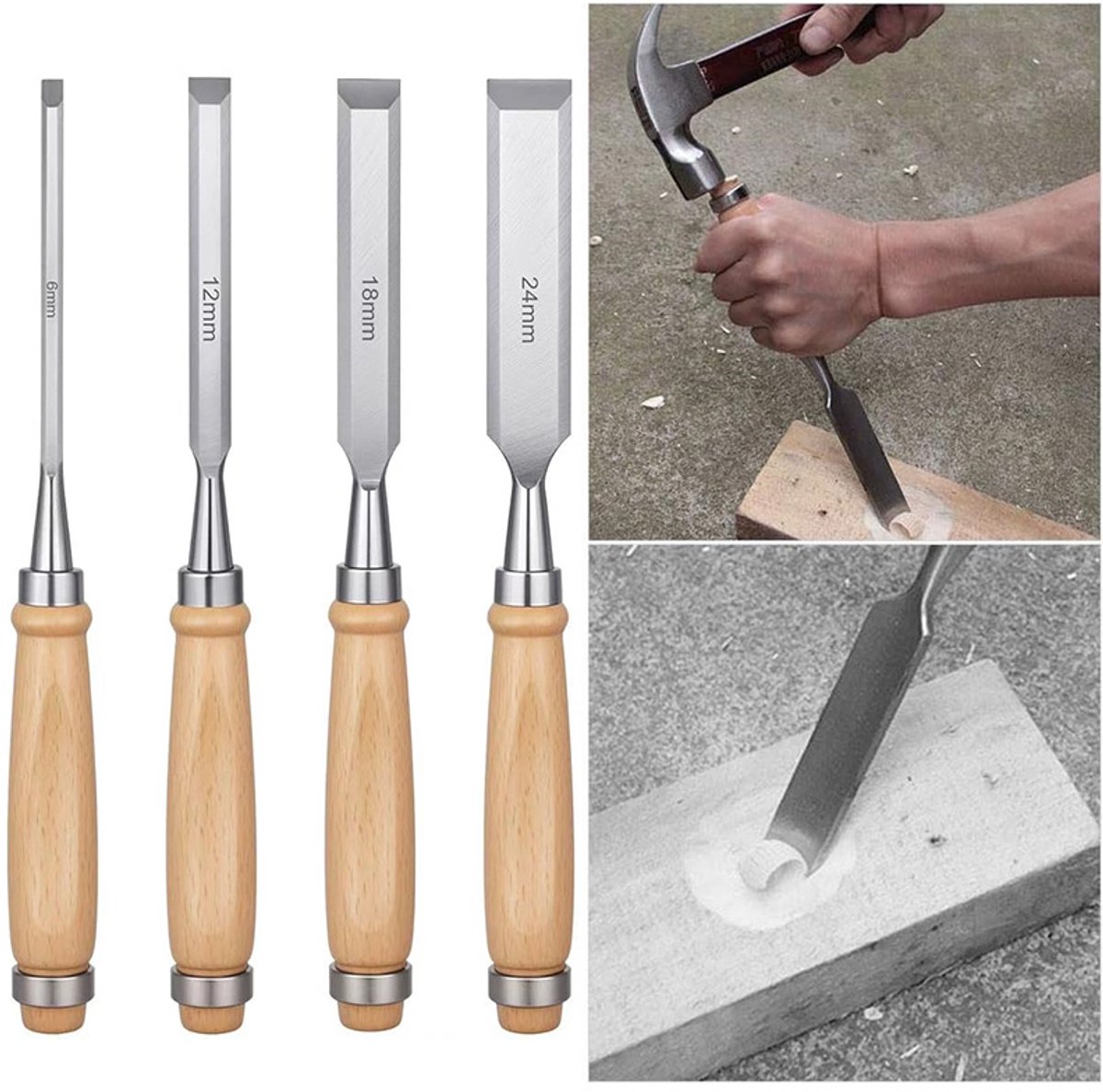 4-delige set - Houtbeitelset - Houtsnijbeitels - 6/12/18/24 mm - scherpe houtbeitel van chroom-vanadiumstaal met handvat - houtsnijgereedschap voor houtbewerking