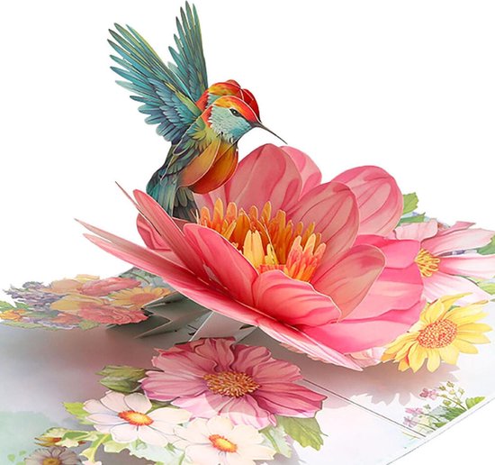 Carte de vœux 3D - Cartes pop-up - carte pop-up - cadeau Convient Pour lui/elle - avec enveloppe - Carte pop-up 3D avec colibri et fleur - Convient pour les anniversaires, les jubilés, comme remerciement et pour la Fête des Mères