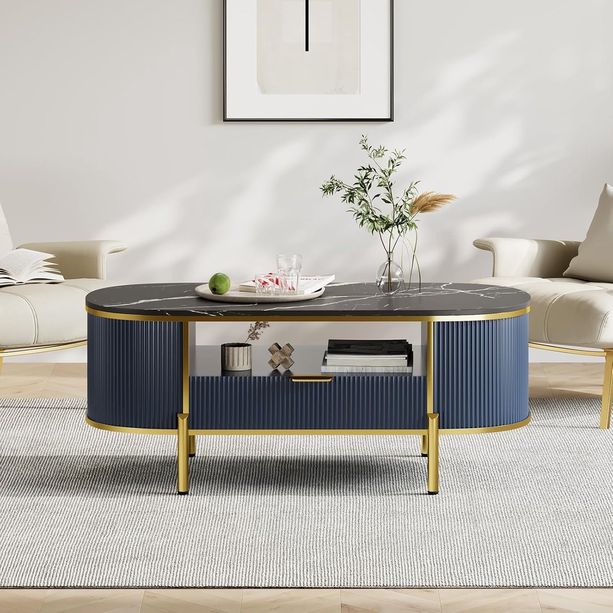 Moderne ovale salontafel met opbergruimte -122 cm houten geribbelde salontafel voor woonkamer of kantoor - salontafels met lade, plank, blad van imitatiemarmer, gebogen profielontwerp, gouden metalen poten, blauw