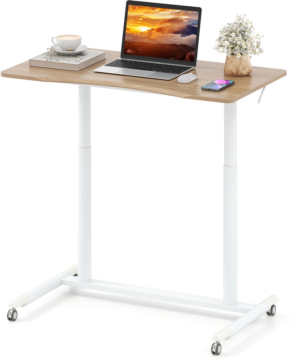 Costway Schreibtsich C-vormig met wieltjes, 70-106 cm in hoogte verstelbaar, kleine computertafel met metalen frame, mobiel staand bureau, laptoptafel, sta-zitbureau voor thuis, kantoor, naturel