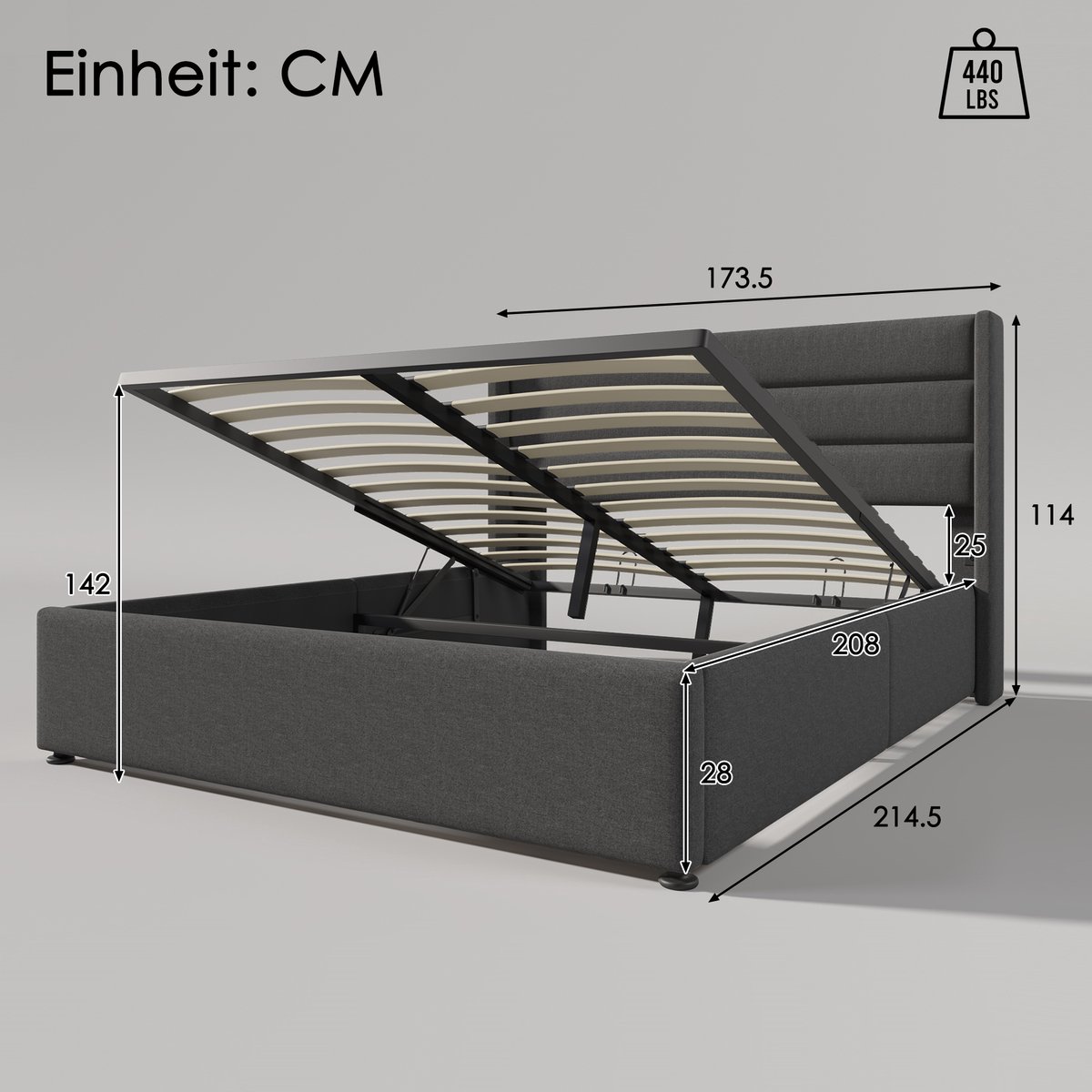 Gestoffeerd Hydraulisch Tweepersoonsbed 160x200 cm met Opbergruimte - Linnen - Grijs