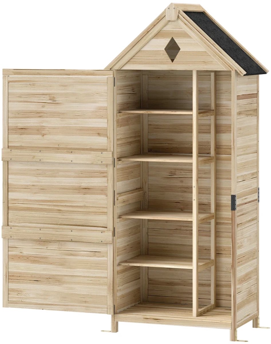 Houten Tuinschuur - 80x49x170 cm - Tuinhuis - Tuinkast - met 4 Planken, Deuren & Asfalt Dak - Weerbestendig - Gereedschapsschuur - Opslagruimte Tuin - Tuingereedschap Bewaren - Buitenschuren - Lichtbruin
