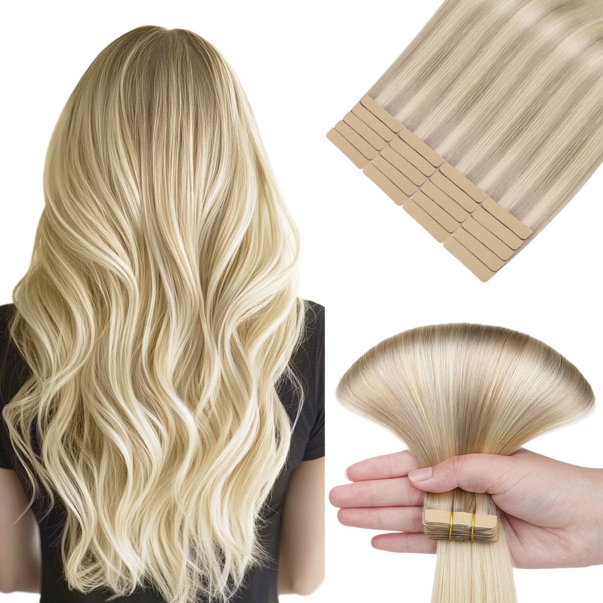 Tape in Haarextensions - 40 cm - Echte Menselijke Haren - Asblond tot Platinablond - 20 Strips