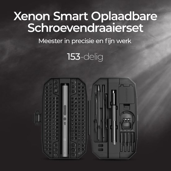 Zwarte, opklapbare precisie bitset met 140 bits, opbergvak voor accessoires en een grijze elektrische schroevendraaier.