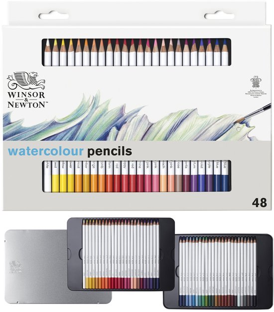 Doos met 48 Winsor & Newton aquarelpotloden, met witte potloden en kleurstalen van geel tot blauw.
