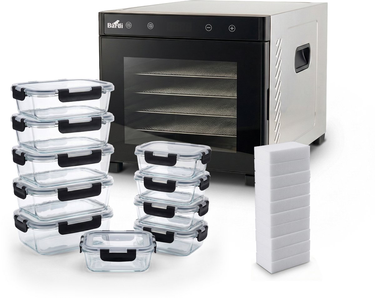 BARDI Professionele 6 Laags Voedseldroger - Dehydrator - Droogoven RVS - 24-Uurs Timer - Led-bedieningspaneel - 650 Watt Met 10 delige glazen meal prep bakjes en 10 wondersponzen