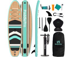 LifeGoods PaddlePro SUP Board - met Zitje - Opblaasbaar Paddle Board - Complete Set - Max. 150KG - 320x81cm - Hout/Mintgroen