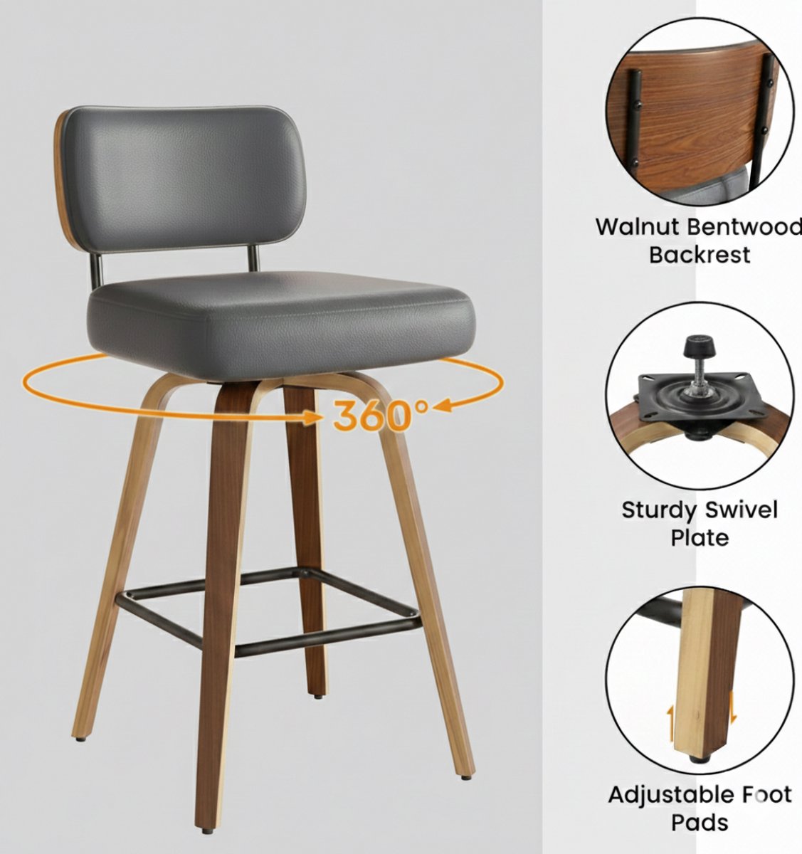 Draaibare Barkruk Set van 4 met Rugleuning – 65 cm Zithoogte – PU-Leren Zitting & Massief Walnoothout – Mid-Century Modern Barstoelen voor Keuken, Keukeneiland en Woonbar – 360° Draaifunctie met Voetensteun – Donkergrijs – House&Garden